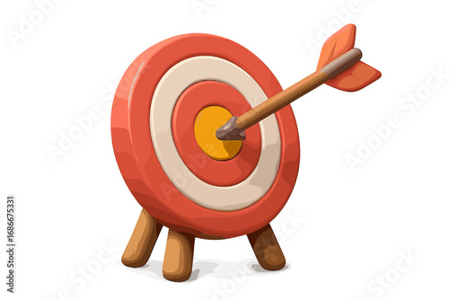 Business success and goal achievement concept. 3D cartoon arrow hitting the bullseye on a target. Metaphor for accuracy, objective, strategy, marketing, and precision.