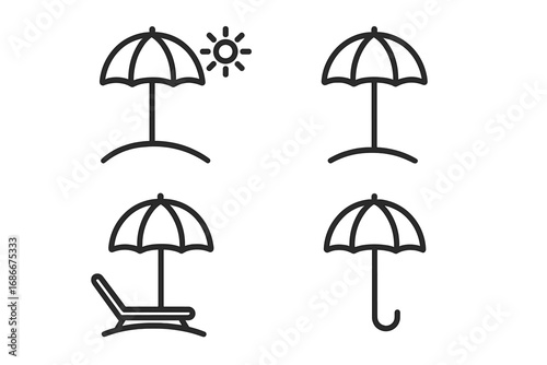 Parasol and Sunshade Icons Pack with Beach Umbrella and Lounger Vector Thin Line Editable Stroke Design for Web, Apps, Cards, and Books Illustration Set