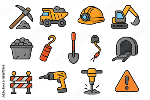 Mining and construction icon set. Heavy industry equipment for excavation and demolition. Vector cartoon illustration of tools, jackhammer, excavator, dump truck, dynamite.
