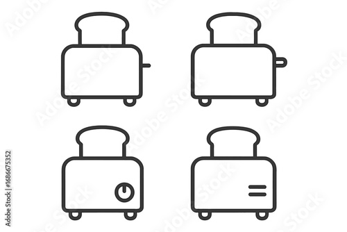 Minimalist toaster icon set in clean linear style for modern kitchen design, vector cartoon illustration with transparent background, ordered collection of kitchen appliance icons
