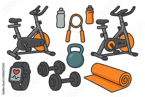 Fitness equipment vector set for gym & home workouts. Stationary bike, dumbbell, kettlebell, yoga mat, smartwatch icons. Healthy lifestyle, cardio & strength training concept.