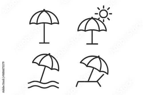 Parasol and Sunshade Umbrella Icons for Beach Protection, Summer Outdoors, Sun Relief, Vacation, Relaxation, Editable Stroke Vector for Web, Apps, Books, Cards