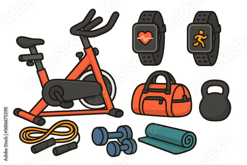 Fitness equipment and gym accessories set. Vector cartoon illustration of stationary bike, smartwatch, kettlebell, dumbbell, jump rope, and yoga mat. Workout and exercise icons.