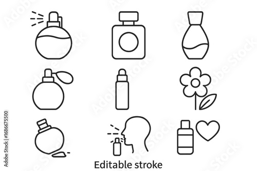 Perfume and Fragrance Icon Set with Editable Stroke for Web, Books, Cards, and Apps, Vector Cartoon Illustration Collection with Transparent Background, Ordered Design Elements