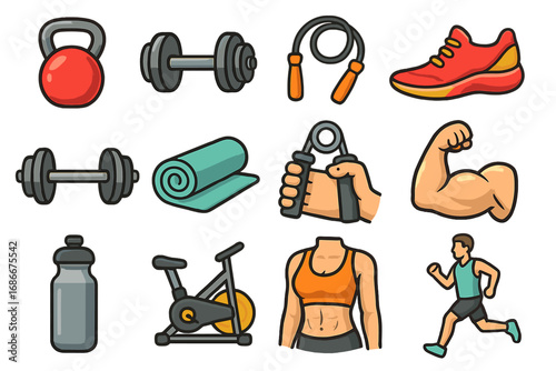 Fitness icons set. Gym workout equipment. Healthy lifestyle concept. Vector sport collection. Dumbbell, kettlebell, jump rope, runner, yoga mat, stationary bike, muscle.