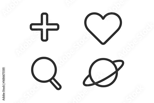 Modern outline style vector icons set including plus sign, heart, magnifying glass, and planet with rings for design, cards, apps, and social networks with transparent background