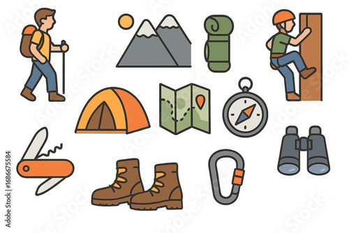 Modern flat adventure icons set for hiking, climbing, camping, and outdoor exploration with camping gear, mountain equipment, navigation tools, and trekking essentials, vector cartoon illustration