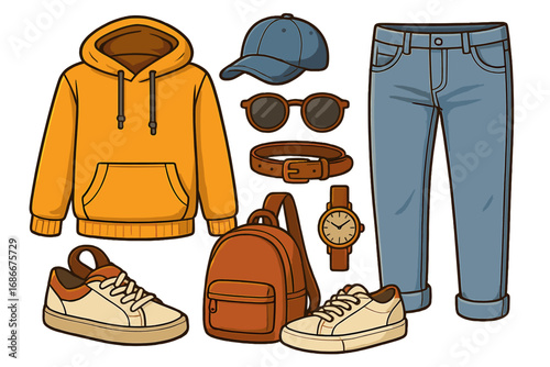 Casual fashion outfit set. Vector illustration of men's clothing and accessories. Organized flat lay with hoodie, jeans, sneakers, backpack, cap, sunglasses, watch, and belt.