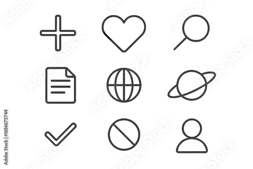 Set of Plus, Heart, Magnifying Glass, Document, Globe, Planet, Check Mark, Prohibited, User Icon Line Art Symbols for Graphic Design, Web Apps, Advertising, Social Media, and UI Elements