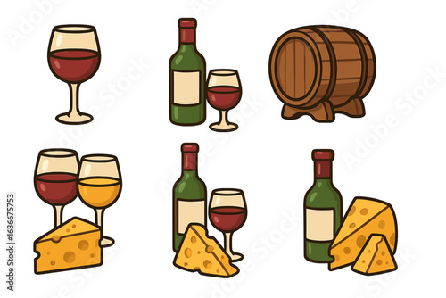 Wine and cheese tasting icon set. Vector cartoon collection of red and white wine glasses, bottles, cheese wedges and a wooden barrel. Concept for winery, restaurant menu, food pairing.