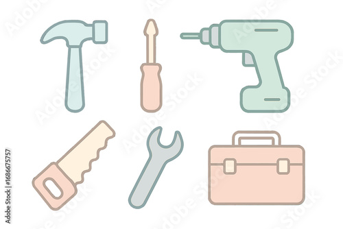 Pastel tool icon set vector graphic. Minimalist cartoon illustration of hammer, screwdriver, drill, saw, wrench, toolbox for handyman, repair, construction, and DIY work.