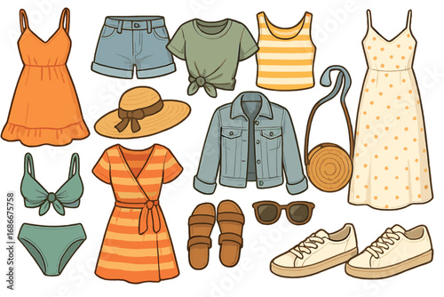 Woman summer clothes set. Fashion collection for vacation. Casual travel wardrobe. Dress, shorts, shoes, bikini, accessories. Flat cartoon vector illustration isolated on white.