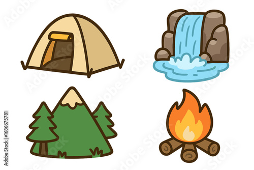 Outdoor adventure icon set. Camping and hiking concept. Vector cartoon collection. Nature travel symbols. Tent, mountain, forest, waterfall, campfire, bonfire illustrations.