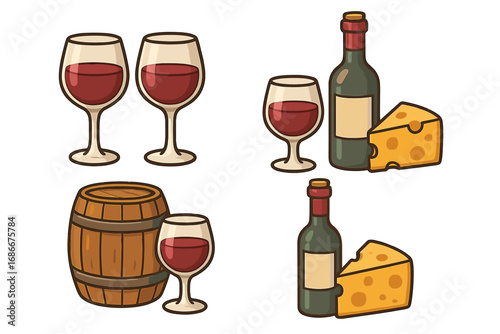 Wine and cheese vector icon collection. Cartoon set with red wine glass, bottle, cheese wedge, and barrel for a tasting party or restaurant menu. Gourmet food and drink concept.