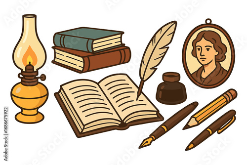 Set of vintage and modern writing tools. Classic literature, reading and poetry concept. Quill, fountain pen, books, inkwell, oil lamp and author portrait vector illustration.