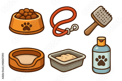 Pet care icons set including food bowl, leash, brush, bed, litter box, and shampoo. Cute vector cartoon illustrations with transparent background for pet care, grooming, and pet supplies.