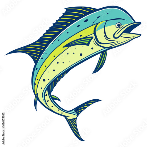 Vibrant stylized illustration of a dynamic marine fish, leaping powerfully with energetic grace. This vector artwork captures the thrill of aquatic life and game fishing