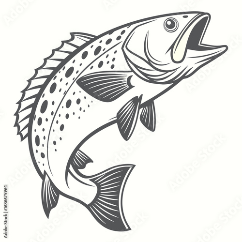 Illustration of a jumping speckled trout fish with its mouth open, captured in a dynamic pose, ideal for aquatic themes
