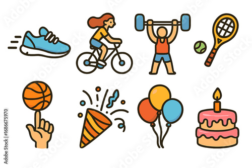 Playful lifestyle icons for active living and joyful celebrations, including sports, fitness, cycling, basketball, weightlifting, party popper, balloons, and birthday cake, vector cartoon set