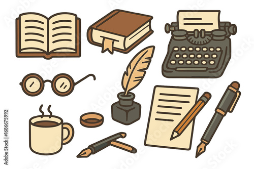 Vector set of vintage writing and reading items. Retro author, writer or journalist tools. Typewriter, book, quill pen, ink, glasses, coffee. Literature, poetry and storytelling concept icons.