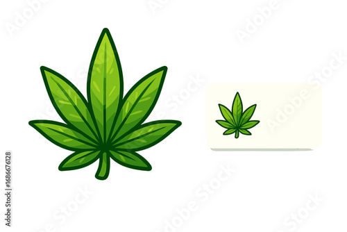 Green cannabis leaf logo and business card mockup set. Vector cartoon illustration for marijuana company branding identity. Medical or recreational hemp business design concept.