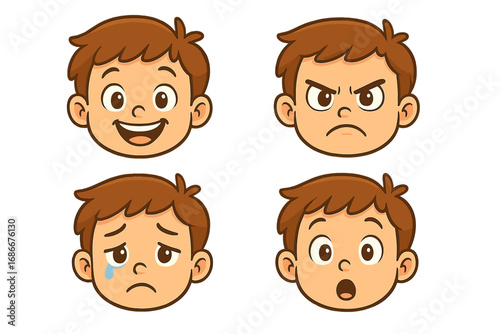 Set of joyful happy, angry, sad, and surprised cartoon kids facial expressions, vector illustration with transparent background, emotional faces collection, kids emotions icons