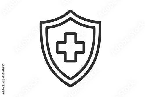 Medical shield with cross outline icon, health protection symbol, safety emblem, medical insurance vector, healthcare logo, clean linear design for graphic and web, apps, adverts, cards