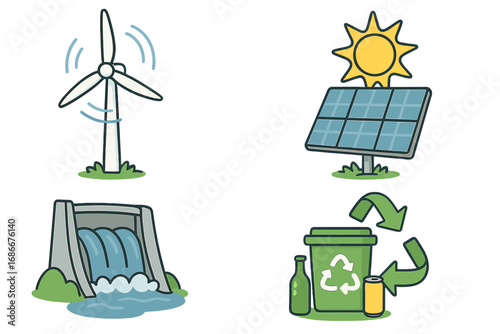 Renewable energy sources icon set. Green power and sustainable living concept. Wind turbine, solar panel, hydro dam, and recycling bin. Eco friendly vector cartoon illustration.