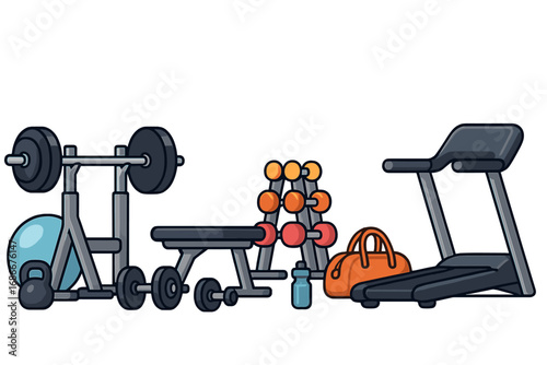 Fitness gym equipment and accessories vector set. Barbell, bench, dumbbells, treadmill, kettlebell, sport bag. Workout, bodybuilding, cardio training cartoon illustration.