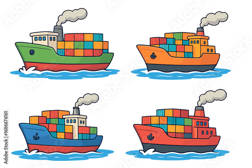 Set of colorful cargo ships with containers. Vector cartoon illustration for maritime transport and logistics. Freight shipping, global trade, import, export concept. Sea transport.