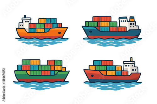 Set of cargo ships with containers. Maritime transport and international trade logistics concept. Freight shipping vessel on ocean. Vector illustration for import export industry.