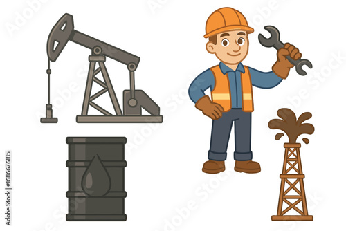Cartoon Oil Industry Worker and Equipment Vector Set with Oil Pumpjack, Drilling Rig, and Barrel Illustrations on Transparent Background