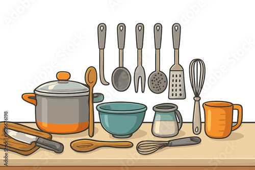 Kitchen tools and cooking utensils collection. Vector cartoon illustration of a cookware set for food preparation. Culinary equipment on a countertop for a home cooking concept.