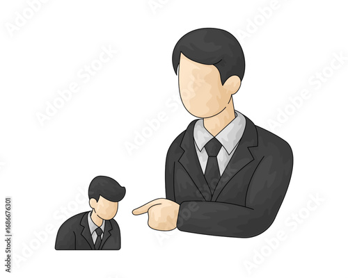 Authoritarian boss pointing a finger at a subordinate worker, illustrating workplace harassment, power imbalance, and professional conflict
