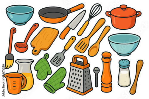 Colorful kitchen utensils and cooking tools vector cartoon illustration set. Icons for meal preparation, home cooking. Cookware, kitchenware elements like pan, pot, knife, grater.