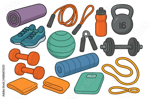 Fitness equipment set for home gym workout. Vector cartoon illustration of dumbbell, kettlebell, mat, roller. Healthy lifestyle, training, sport, wellness concept collection icons.