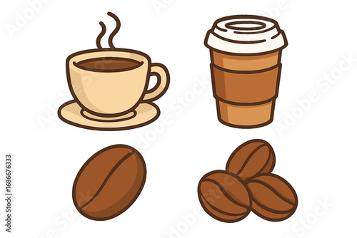Coffee symbols and icons set for graphics and apps, vector cartoon illustration with transparent background, includes hot coffee cup, takeaway cup, coffee beans, and coffee seed elements