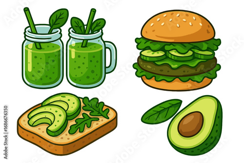Vegan food set with veggie burger, green smoothie, avocado toast. Healthy plant based diet concept. Vector cartoon illustration icons. Fresh organic meal isolated collection.