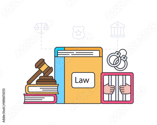 A comprehensive flat line art illustration showing elements of the justice system, legal process, and penal consequences