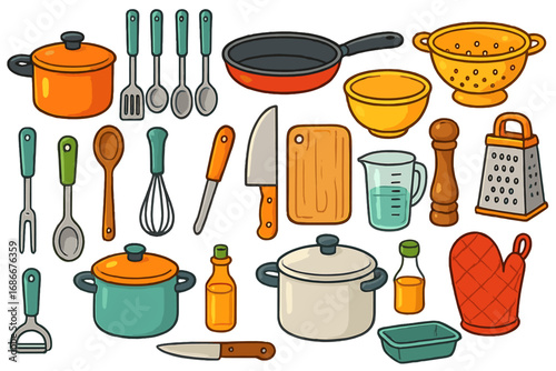 Vector kitchen utensils and cooking tools set. Cartoon kitchenware collection for home meal preparation. Cookware icons including pot, pan, knife, and grater. Isolated.