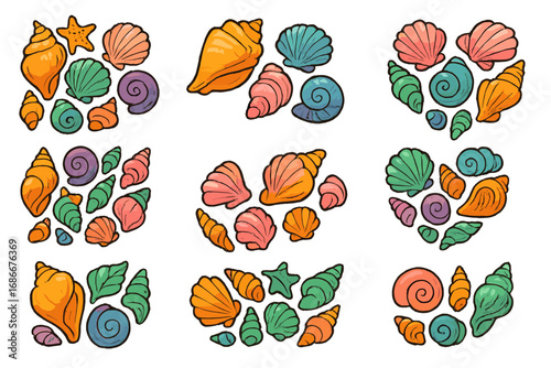 Colorful seashell collection vector set. Cartoon sea shells illustration. Ocean treasure and marine life icons. Tropical beach summer vacation symbols. Conch, scallop, starfish.