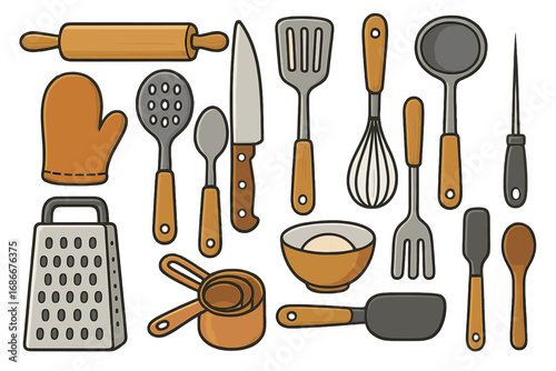 Kitchen utensils set for cooking and baking. Vector cartoon illustration of essential tools. Rolling pin, whisk, spatula, grater, ladle, knife. Cookware and kitchenware icons.