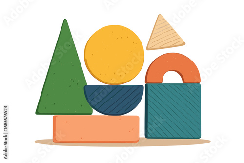 Wooden building blocks for kids. Geometric shapes with color and texture. Abstract composition for balance and learning. Montessori toy concept for preschool and kindergarten education.