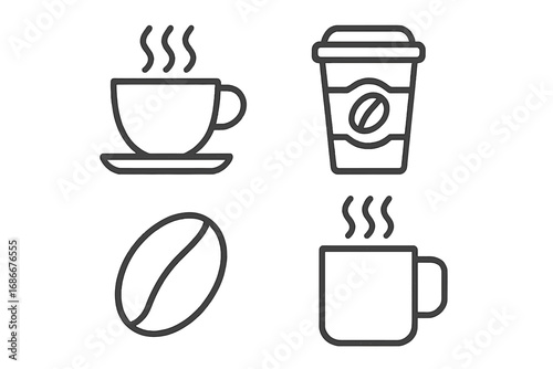 Coffee symbols set vector illustration, hot coffee cup, takeaway coffee cup with coffee bean emblem, steaming mug icon, cartoon-style coffee graphics, transparent background design