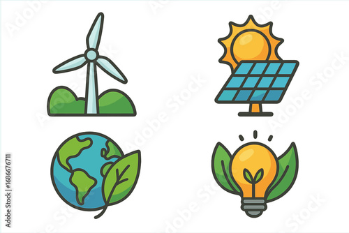 Green energy vector icon set. Renewable power source concept. Wind turbine, solar panel, eco globe, leaf lightbulb. Sustainability, ecology, environment cartoon illustration.