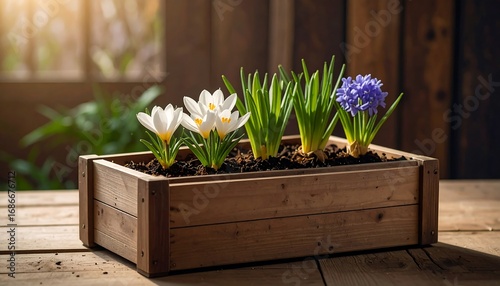 Spring blooms in a wooden planter
