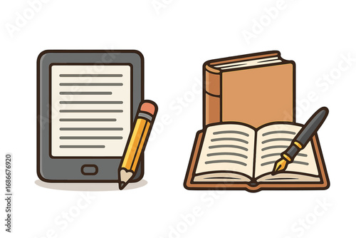 Ebook vs paper book. Digital reading on e-reader vs traditional literature. Education evolution concept. Modern technology vs classic library. Vector cartoon illustration.