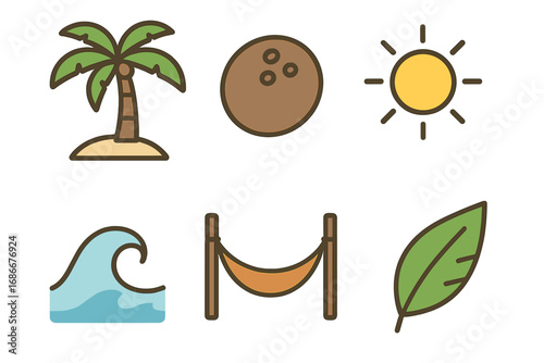 Tropical beach icons set with palm tree, coconut, sun, ocean wave, hammock, and tropical leaf in minimal flat vector style, cartoon illustration, transparent background, ordered collection