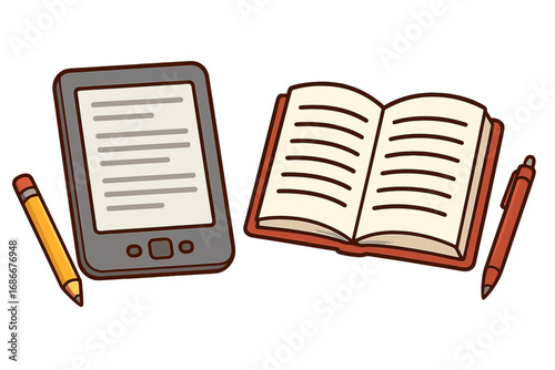 Concept of modern vs classic reading. E-reader device and open paper book with pen and pencil. Comparison between digital ebook and traditional textbook. Education and technology.