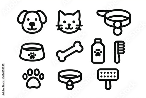 Pet care icon set for cats and dogs. Minimalist line art vector collection. Simple symbols for grooming, food, and accessories. Dog, cat, bowl, bone, collar, paw print design.